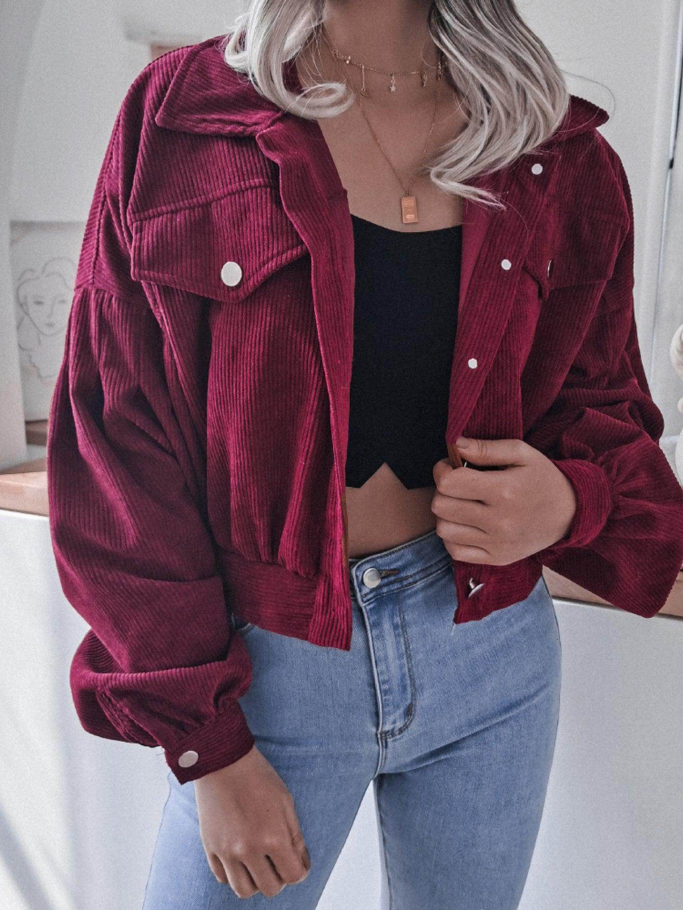 Lantern Sleeve Cropped Corduroy Jacket for Stylish Comfort - Selvanelle