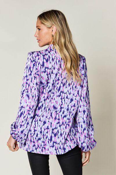 Double Take Full Size Printed Ruffle Trim Balloon Sleeve Shirt - Selvanelle