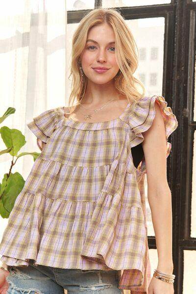 Adora Ruffled Square Neck Cap Sleeve Babydoll Blouse - Selvanelle