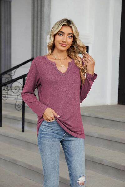 Notched Long Sleeve T-Shirt for Women in Various Sizes - Selvanelle