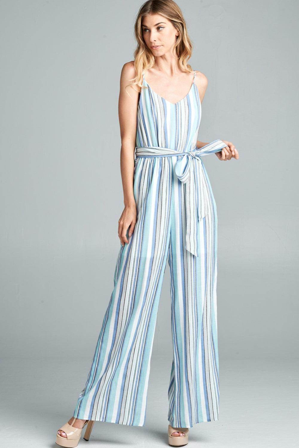 Cotton Bleu by Nu Label Tie Front Striped Sleeveless Jumpsuit - Selvanelle