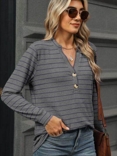 Striped Notched Long Sleeve T-Shirt for Casual Style - Selvanelle