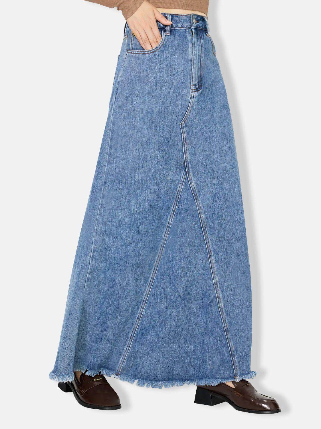 Stylish Raw Hem Maxi Denim Skirt for Effortless Chic - Selvanelle
