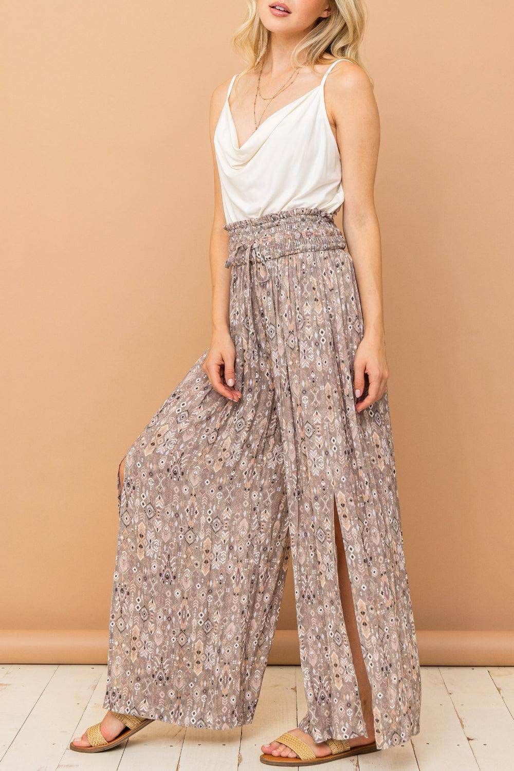 And The Why Printed Smocked Waist Slit Wide Leg Pants - Selvanelle