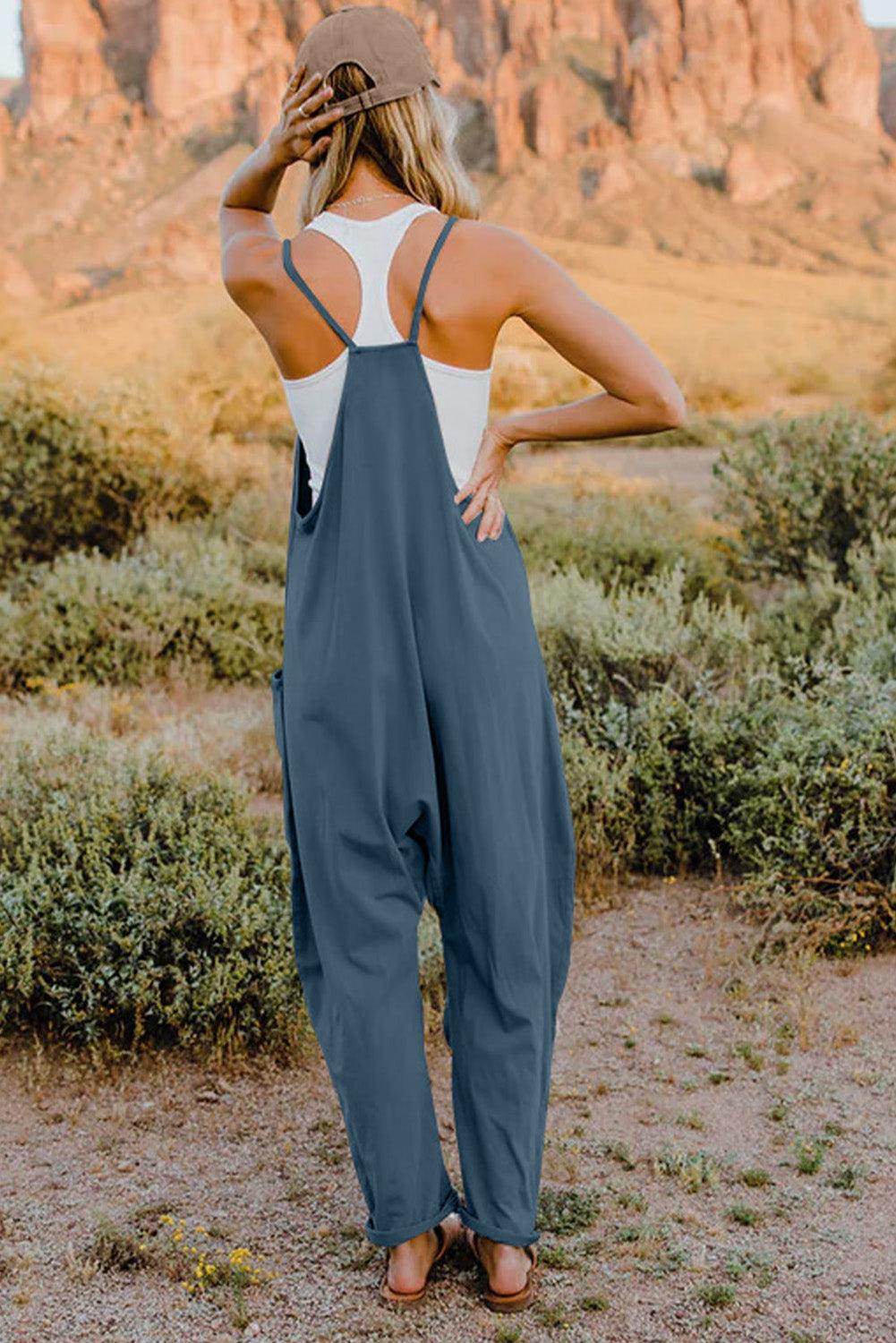 Double Take Full Size V-Neck Sleeveless Jumpsuit with Pockets - Selvanelle