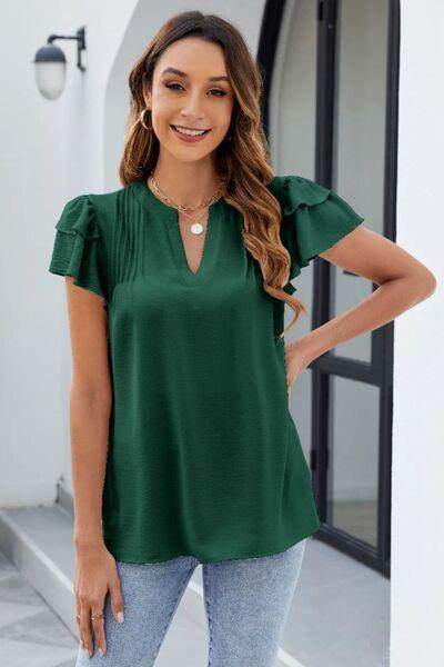 Ruffled Notched Short Sleeve Blouse for Women Stylish Wear - Selvanelle