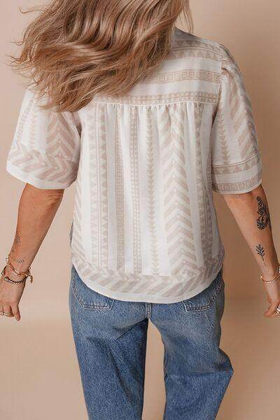 Geometric Jacquard Notched Half Sleeve Blouse for Women - Selvanelle