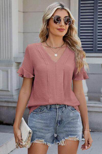 Ruffled V-Neck Short Sleeve Blouse for Stylish Women - Selvanelle