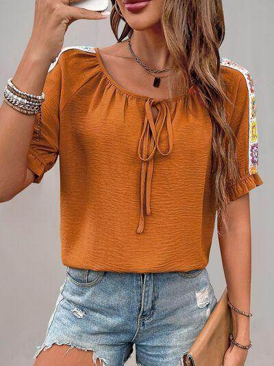 Perfee Tied Crochet Detail Short Sleeve Blouse for Women - Selvanelle