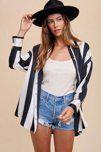 Annie Wear Striped Dropped Shoulder Button Up Shirt for Women - Selvanelle