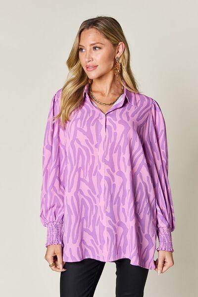 Double Take Full Size Printed Smocked Long Sleeve Blouse - Selvanelle