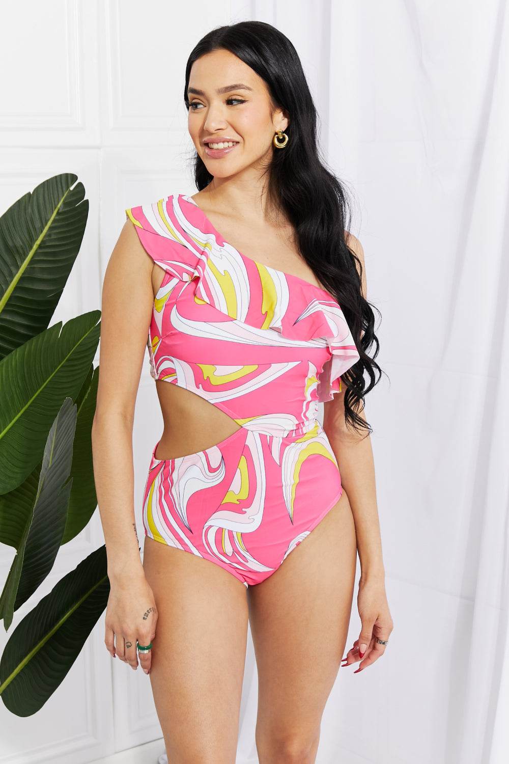 Marina West Swim Vitamin C Asymmetric Cutout Ruffle Swimsuit in Pink - Selvanelle