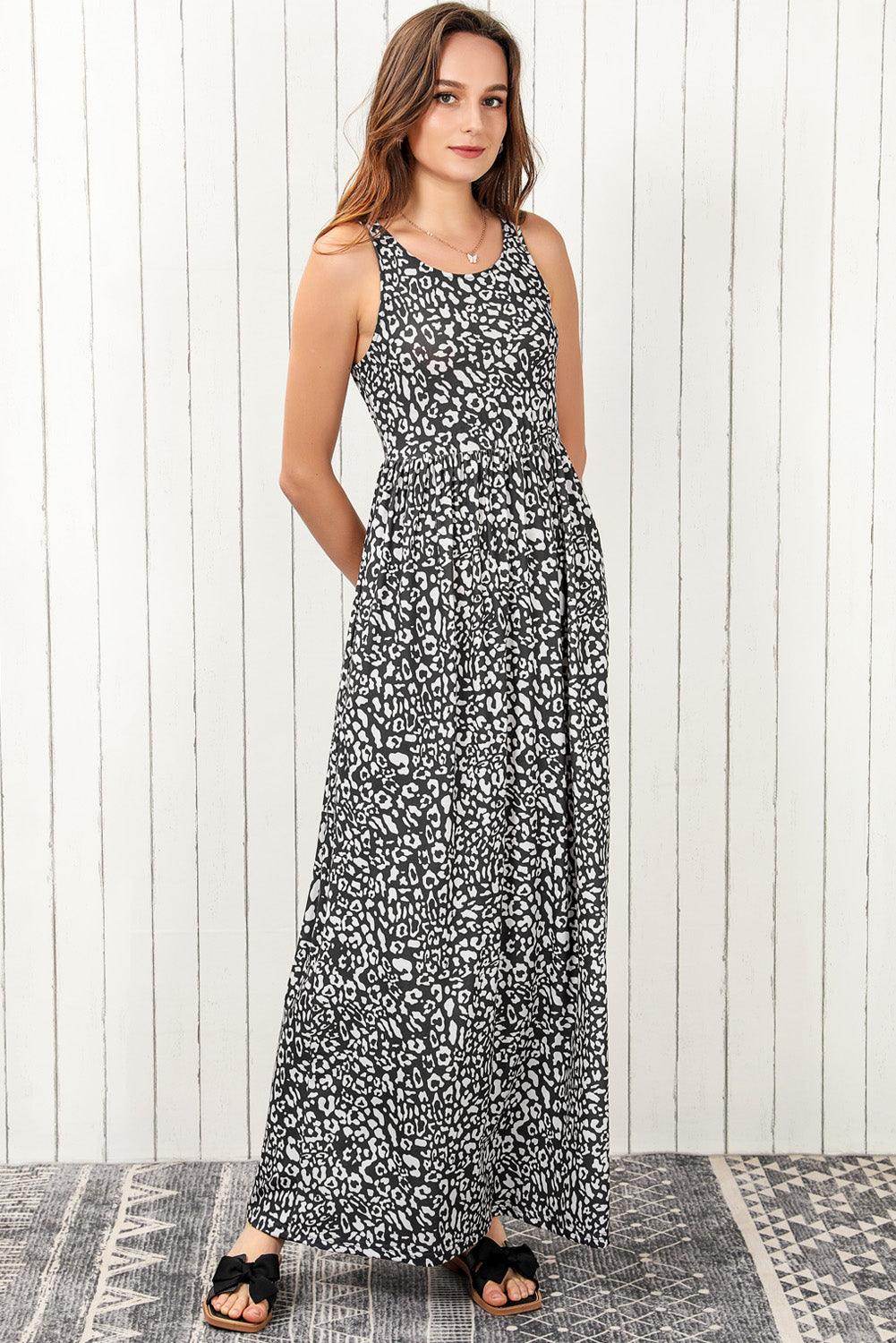 Leopard Round Neck Sleeveless Maxi Dress for Women - Selvanelle