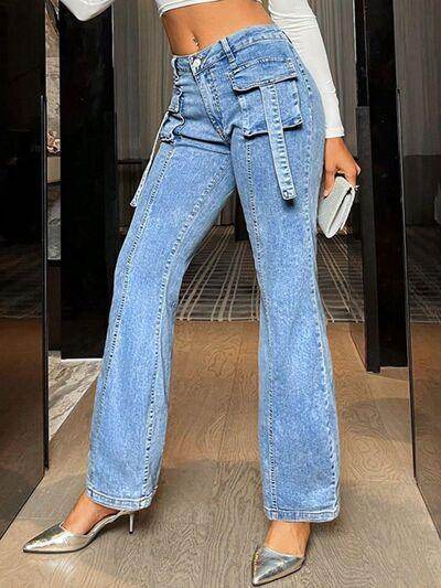 Mid Rise Straight Jeans with Cargo Pockets for Women - Selvanelle
