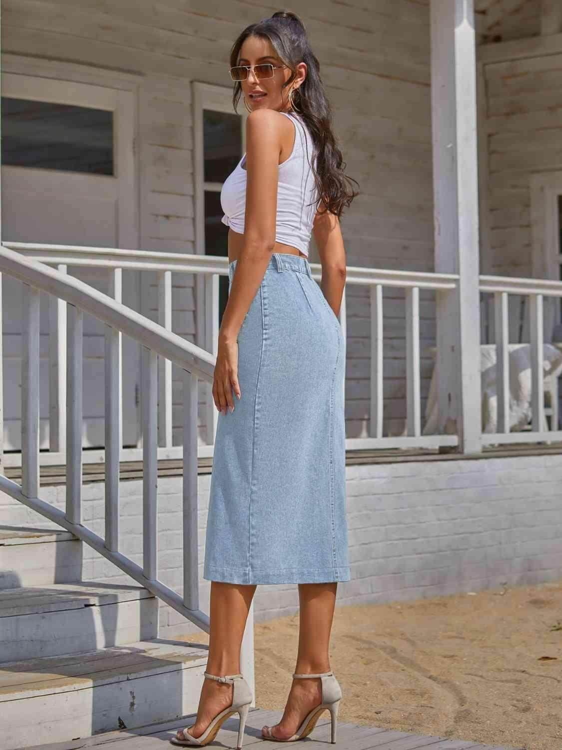 Button Down Denim Skirt for Women in Various Sizes - Selvanelle