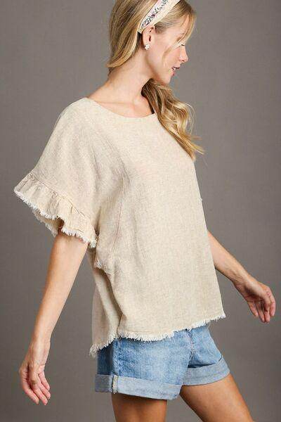 Umgee Full Size Raw Hem Ruffle Short Sleeve Blouse Plus Size - Selvanelle