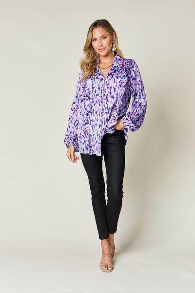 Double Take Full Size Printed Ruffle Trim Balloon Sleeve Shirt - Selvanelle