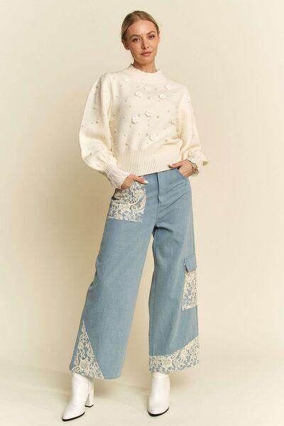 Davi & Dani Lace Applique Wide Leg Jeans for Women - Selvanelle