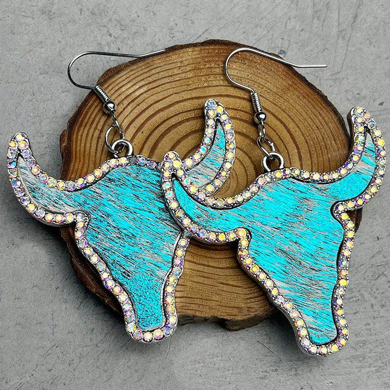 Rhinestone Bull Earrings with Alloy and Cowhide Design - Selvanelle