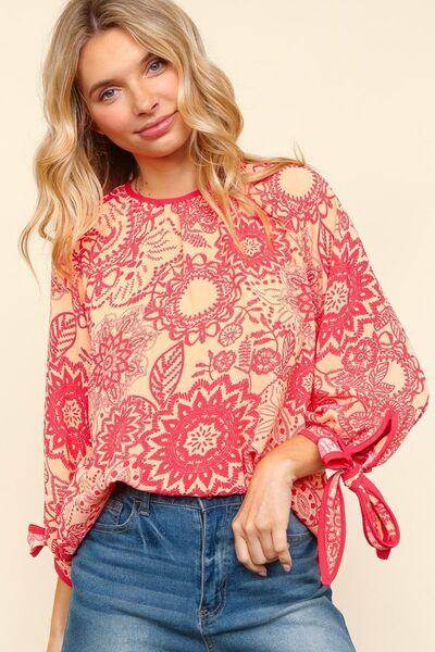 Haptics Ribbon Bow Detail Floral Round Neck Blouse for Women - Selvanelle