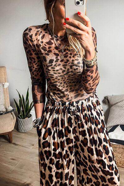 Leopard Round Neck Long Sleeve Blouse for Women Fashion - Selvanelle