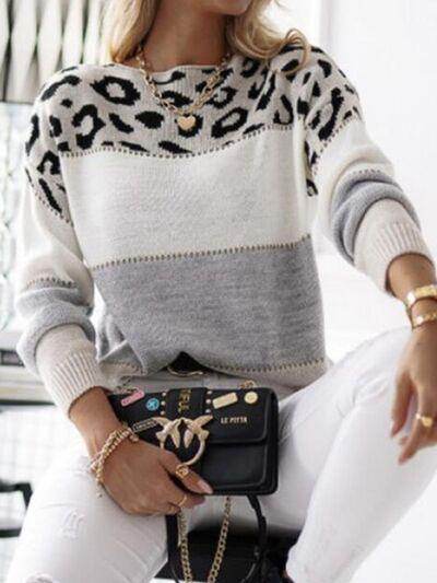Leopard Color Block Round Neck Long Sleeve Sweater for Women - Selvanelle