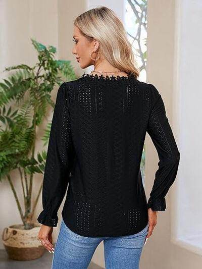 Lace Detail Eyelet V-Neck Flounce Sleeve Blouse for Women - Selvanelle