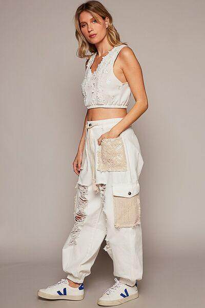 POL Crochet Patch Distressed Washed Jeans for Women - Selvanelle