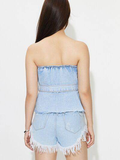 Buttoned Raw Hem Tube Denim Top for Stylish Comfort - Selvanelle