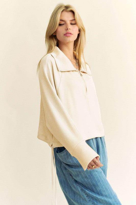 Davi & Dani Drawstring Hem Half Zip Raglan Sleeve Sweatshirt - Selvanelle