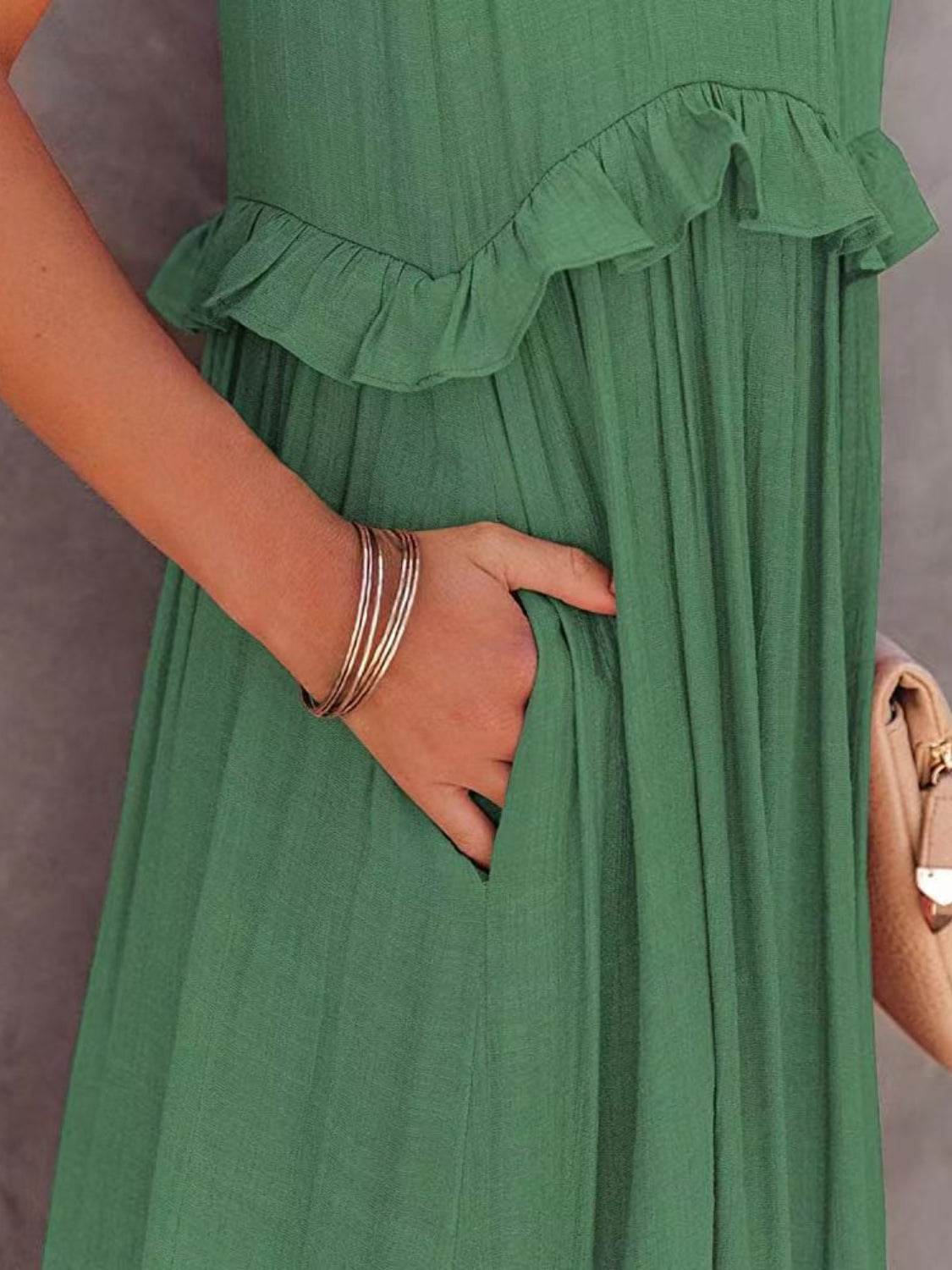 Ruffled Sleeveless Tiered Maxi Dress with Pockets - Selvanelle