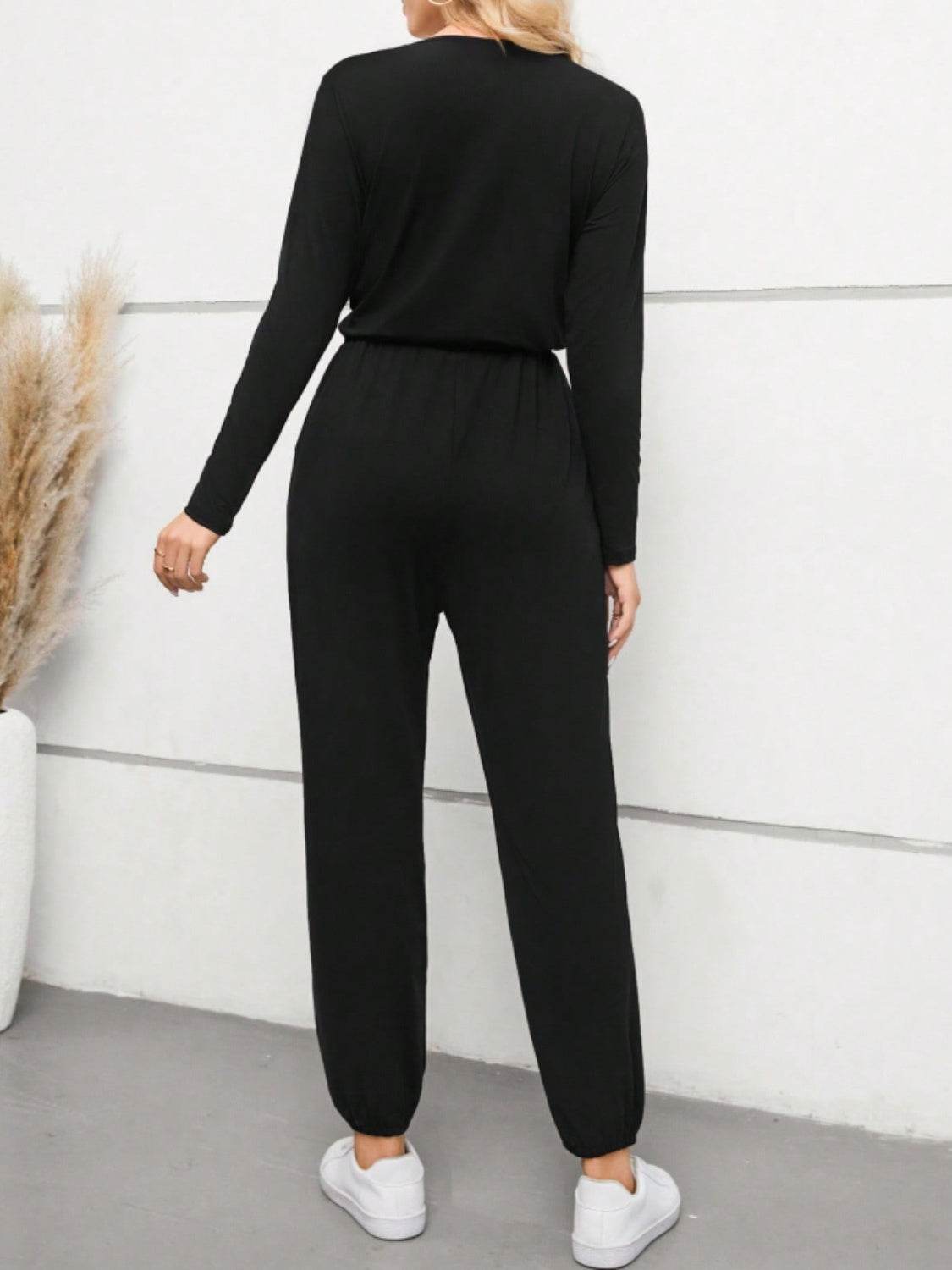 Surplice Tie Waist Long Sleeve Jumpsuit - Selvanelle