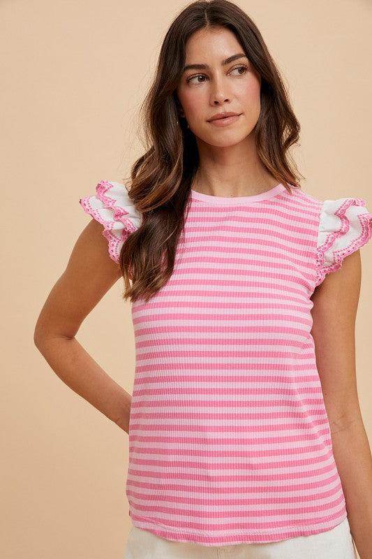 Annie Wear Ruffled Striped Round Neck Cap Sleeve Knit Top - Selvanelle