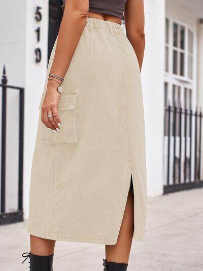Slit Buttoned Denim Skirt with Pockets for Women - Selvanelle