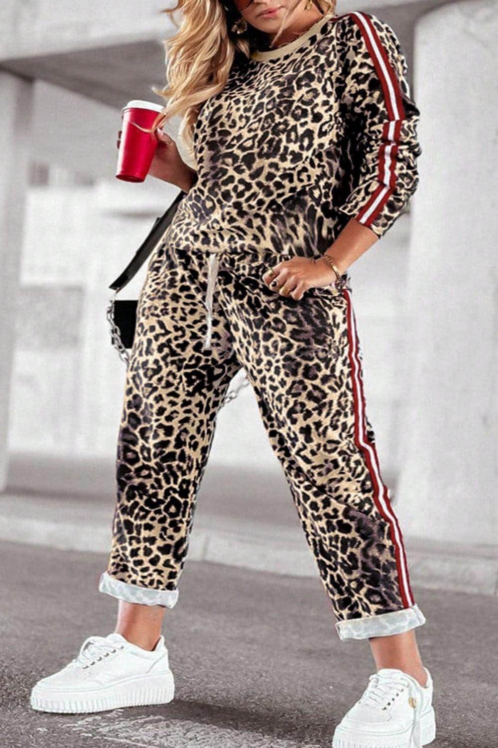 Plus Size Leopard Round Neck Top and Pants Set for Women - Selvanelle