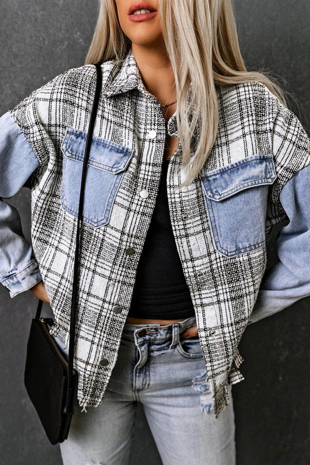 Plaid Pocketed Snap Down Denim Jacket for Stylish Comfort - Selvanelle