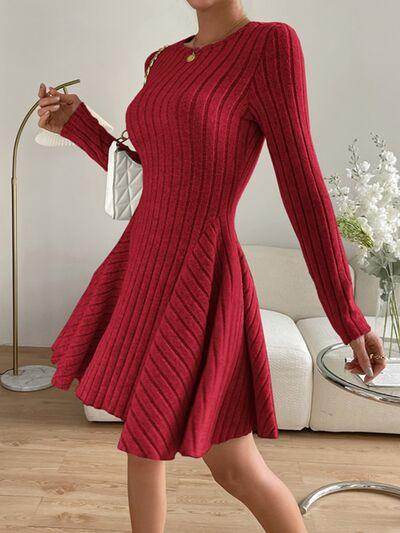 Ribbed Round Neck Long Sleeve Dress for Everyday Style - Selvanelle