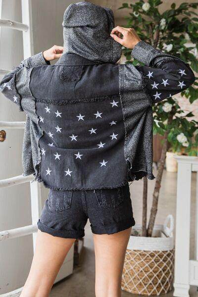 Veveret Star Embroidered Hooded Denim Jacket for Women - Selvanelle