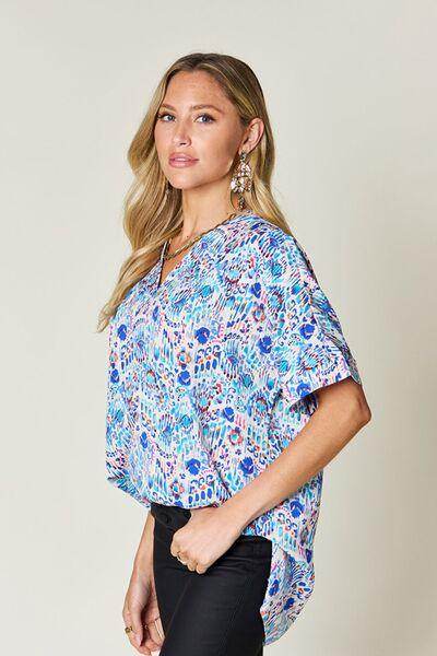 Double Take Full Size Printed V-Neck Short Sleeve Blouse - Selvanelle