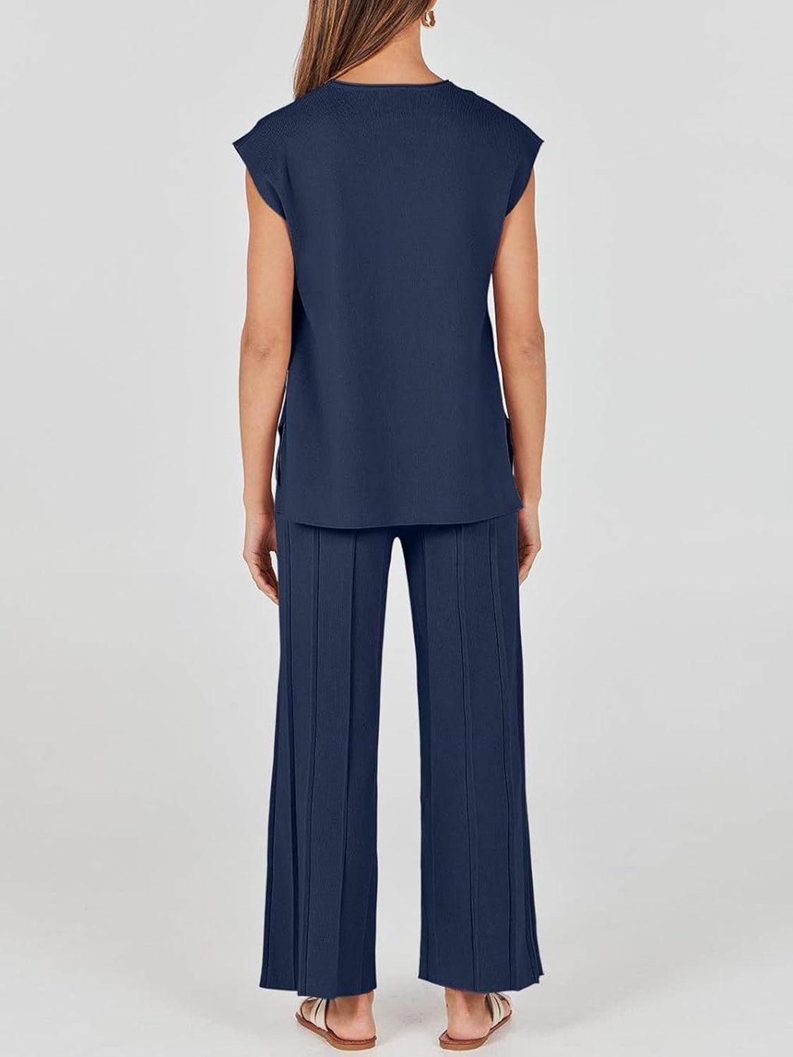 Round Neck Cap Sleeve Top and Pants Knit Set for Women - Selvanelle