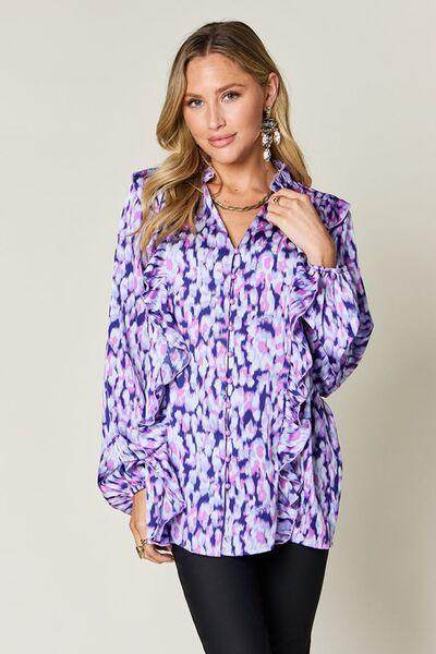 Double Take Full Size Printed Ruffle Trim Balloon Sleeve Shirt - Selvanelle