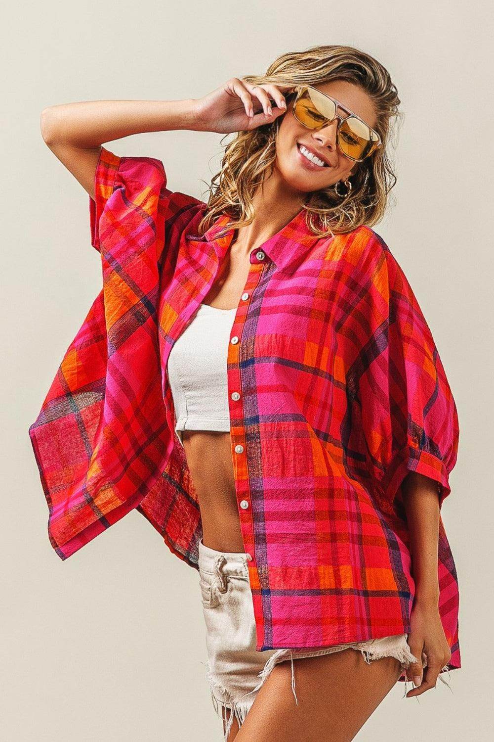 BiBi Button Up Dolman Sleeve Plaid Shirt for Women - Selvanelle