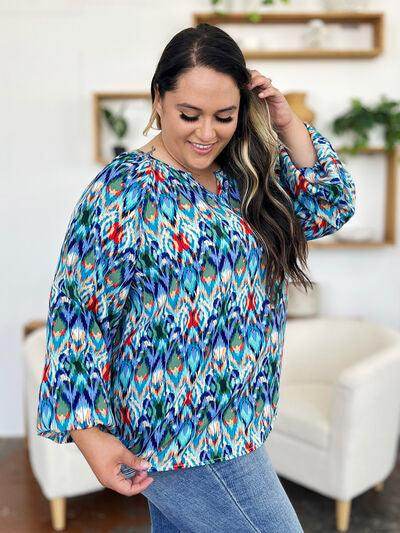 Double Take Full Size Printed Balloon Sleeve Blouse Women - Selvanelle