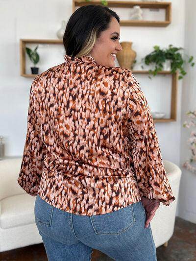 Double Take Full Size Printed Ruffle Trim Balloon Sleeve Shirt - Selvanelle