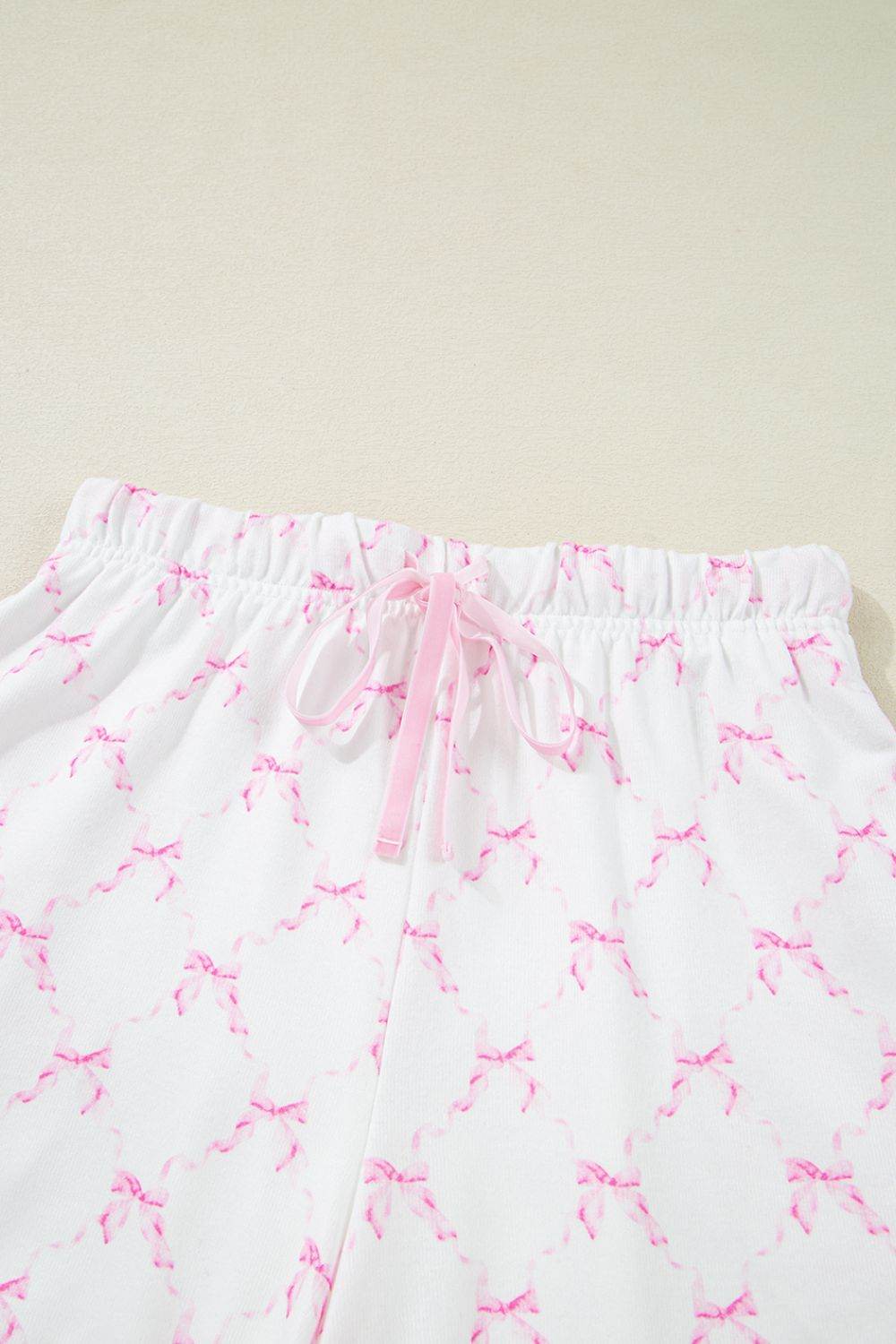 Bow Print Lettuce Trim Round Neck Top and Shorts Lounge Set - Selvanelle