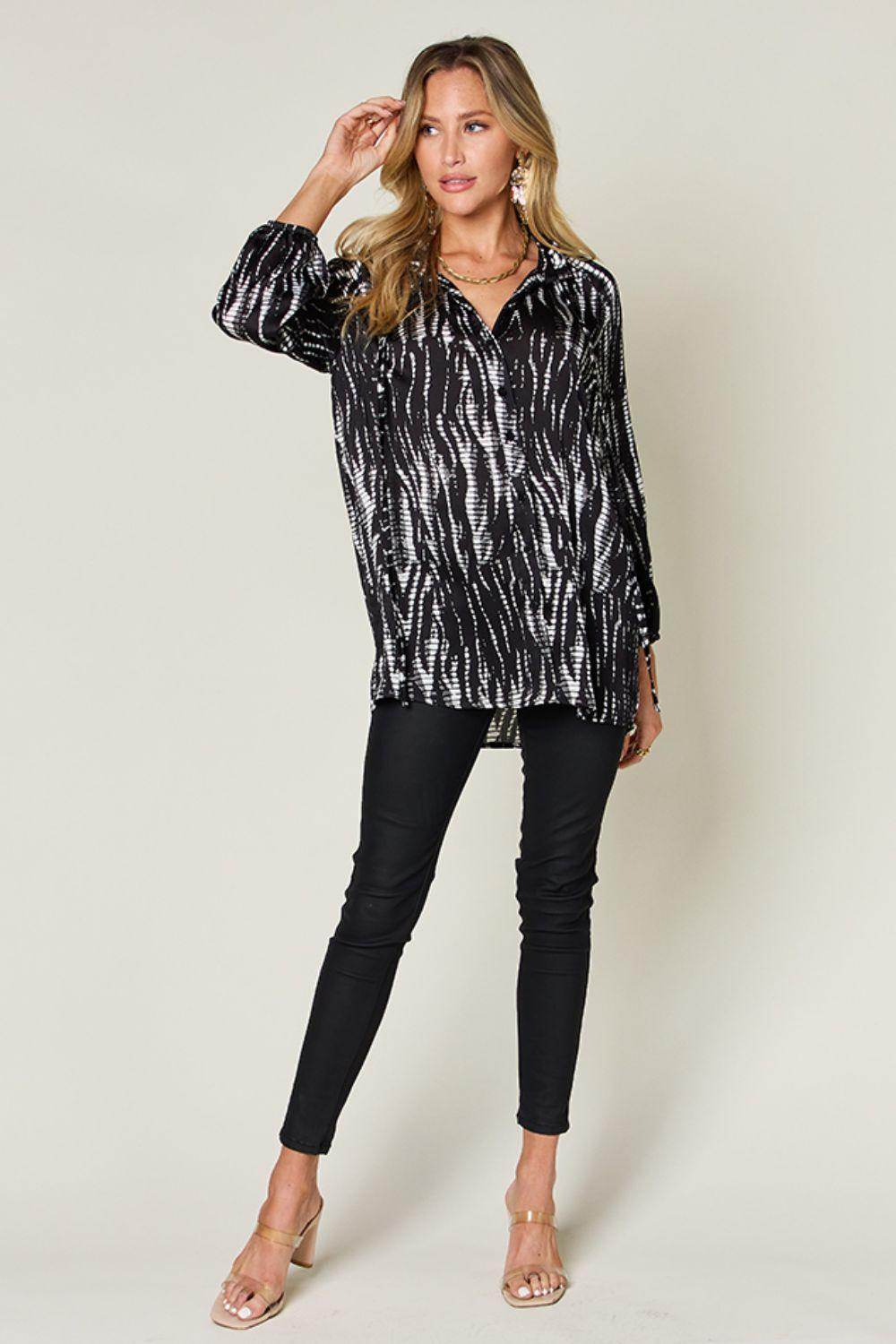 Double Take Full Size Printed Button Up Long Sleeve Shirt - Selvanelle