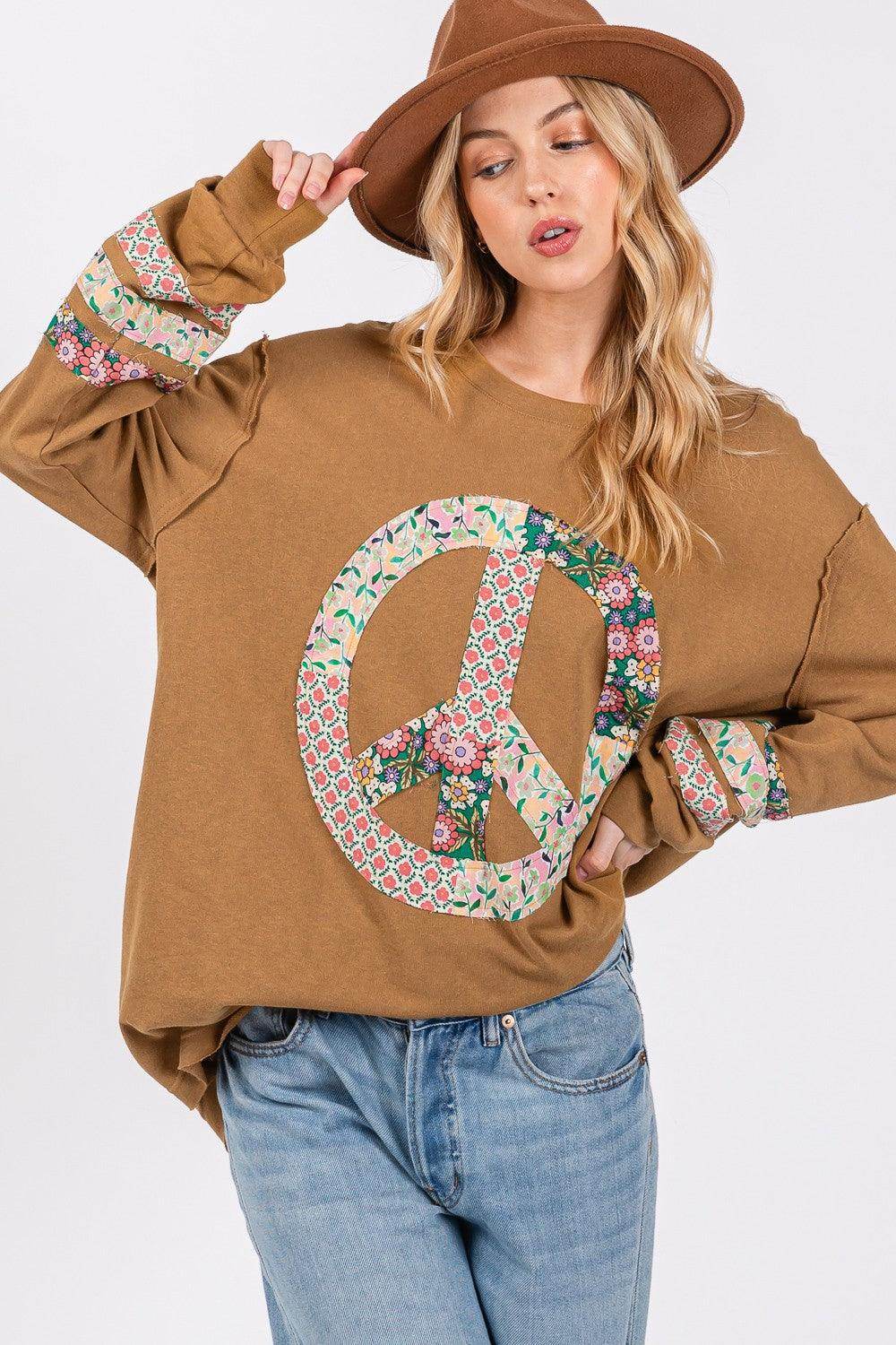 SAGE + FIG Peace Applique Patch Long Sleeve Top for Women - Selvanelle