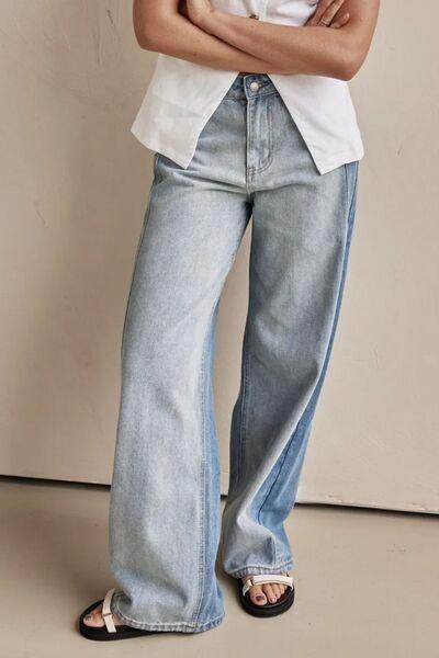 Contrast Straight Leg Jeans with Pockets for Women - Selvanelle