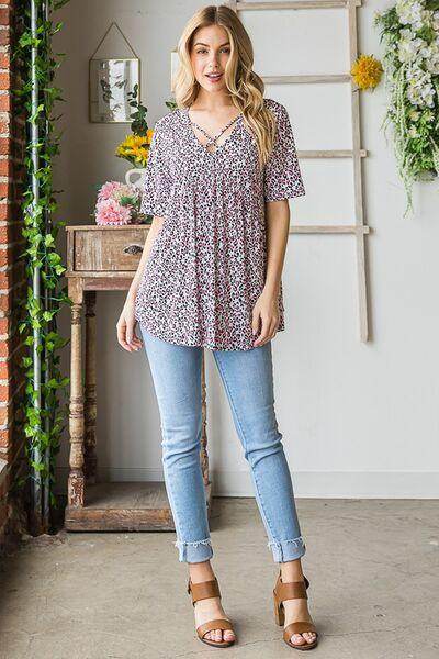 Heimish Full Size Short Sleeve Crisscross Animal Babydoll Top Plus Size - Selvanelle