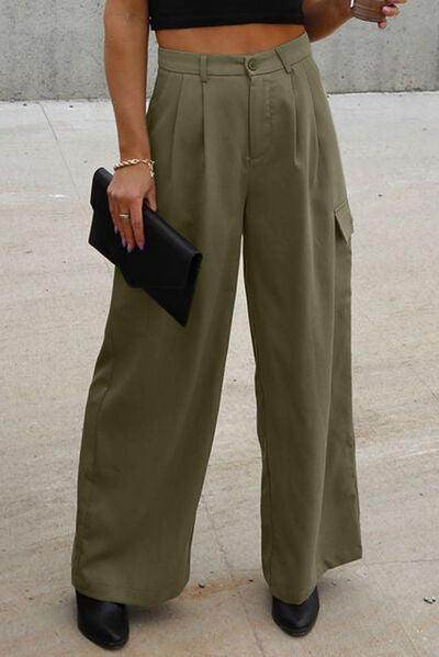 Ruched Wide Leg Pants with Pockets for Casual Style - Selvanelle